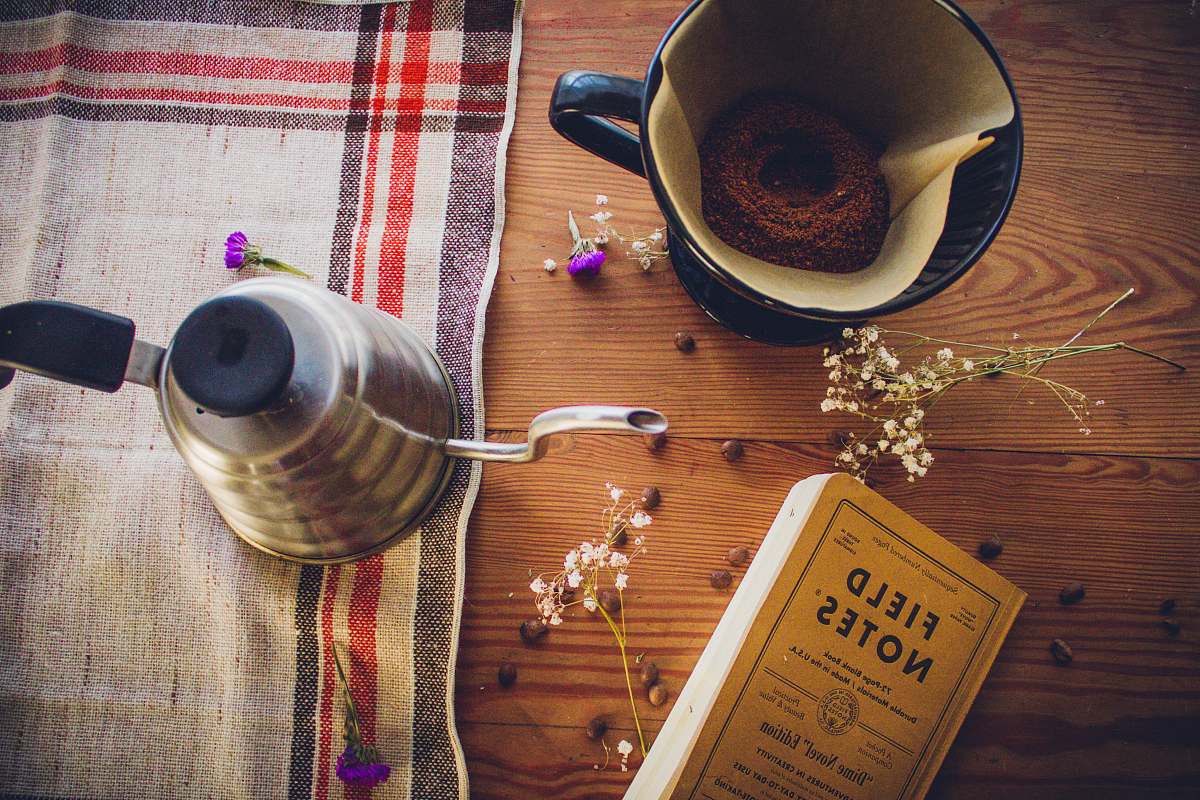 table Field Notes book near coffee mug and teapot lattimore